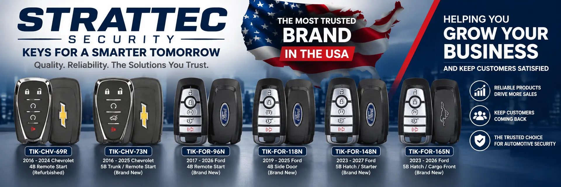 Create an image for Strattec Brand using the brand's Strattec Security and its products, and mention that it's the most trusted brand in the USA. 
Also mention how the brand can help you grow your business and keep customers satisfied.
dont put the logo , just the strattec name