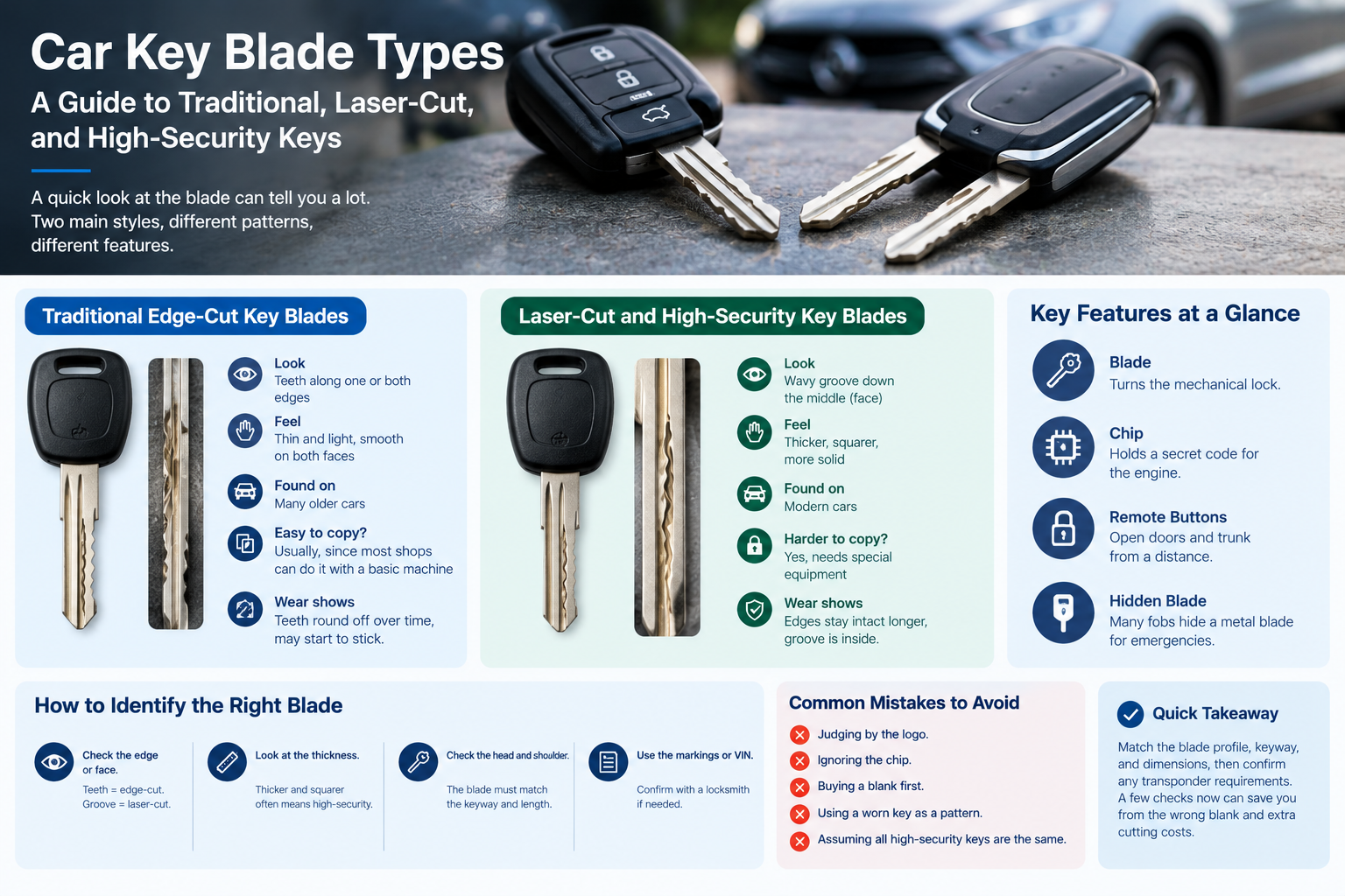Traditional and laser-cut car key blades